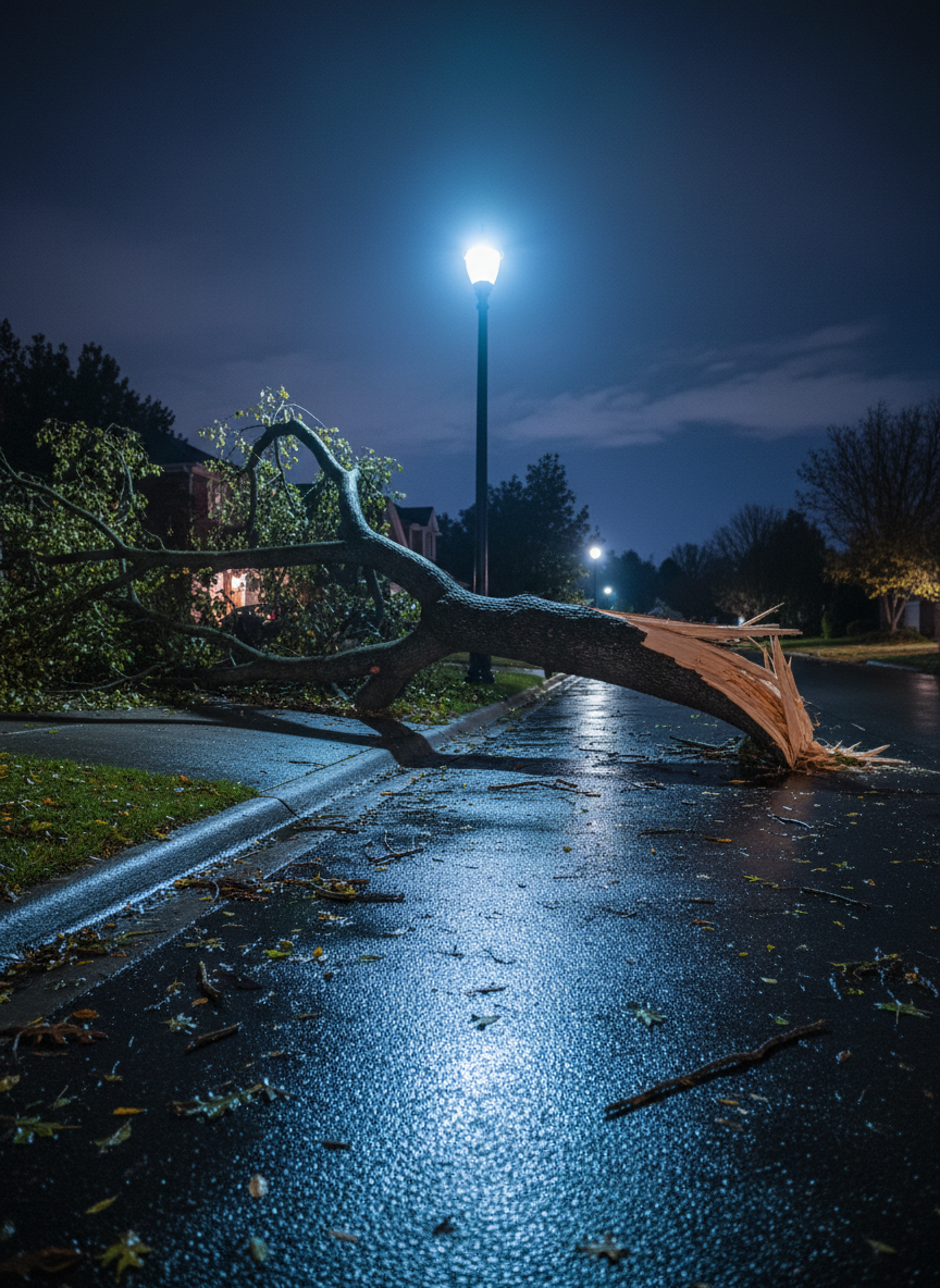 A dramatic, photographic night scene shows a large tree limb that has fallen across a quiet residential driveway during a storm, resting safely to the side as if already stabilized for removal. The pavement is damp, reflecting the cool bluish light from a nearby streetlamp, while scattered leaves and smaller branches create textured detail. Emergency hazard cones and tools are intentionally absent, emphasizing the tree and environment alone. The sky is dark with a hint of low clouds, and a faint glow from nearby houses adds subtle warmth. Shot from a low, three-quarter angle, with focused light illuminating the fallen limb and soft shadows stretching behind it. The mood is urgent yet controlled, suggesting reliable, professional emergency tree service ready to respond.