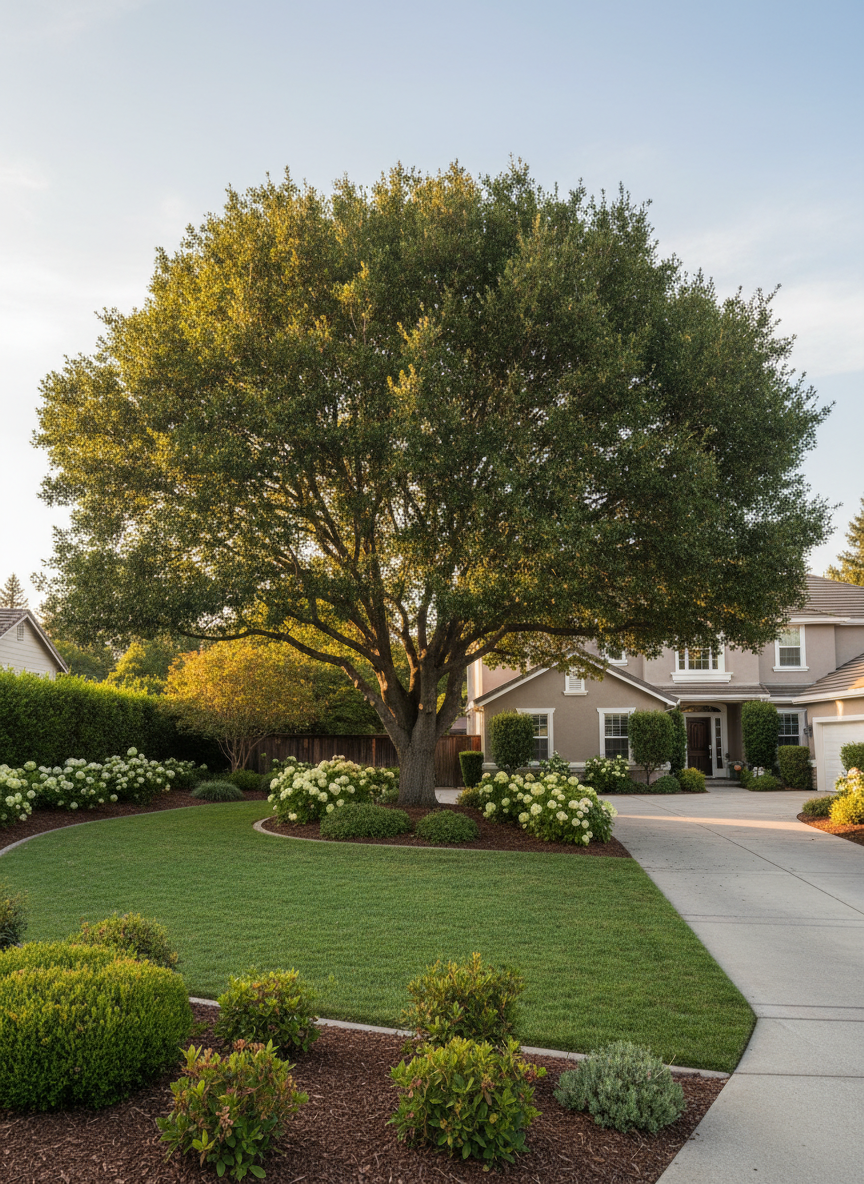 A healthy, mature oak tree with a full, balanced canopy stands in the center of a well-kept suburban front yard in Walnut Creek, its branches neatly pruned with clean, precise cuts. The lush green lawn extends to a smooth concrete driveway, with low shrubs and mulch beds framing the scene. Soft late-afternoon Bay Area sunlight filters through the leaves, casting dappled shadows across the grass and walkway. Photographic realism, shot at eye level with a wide lens, uses the rule of thirds to place the tree slightly off-center. The mood is professional, calm, and orderly, emphasizing expert, unobtrusive tree care that enhances curb appeal without leaving visible debris or disruption.