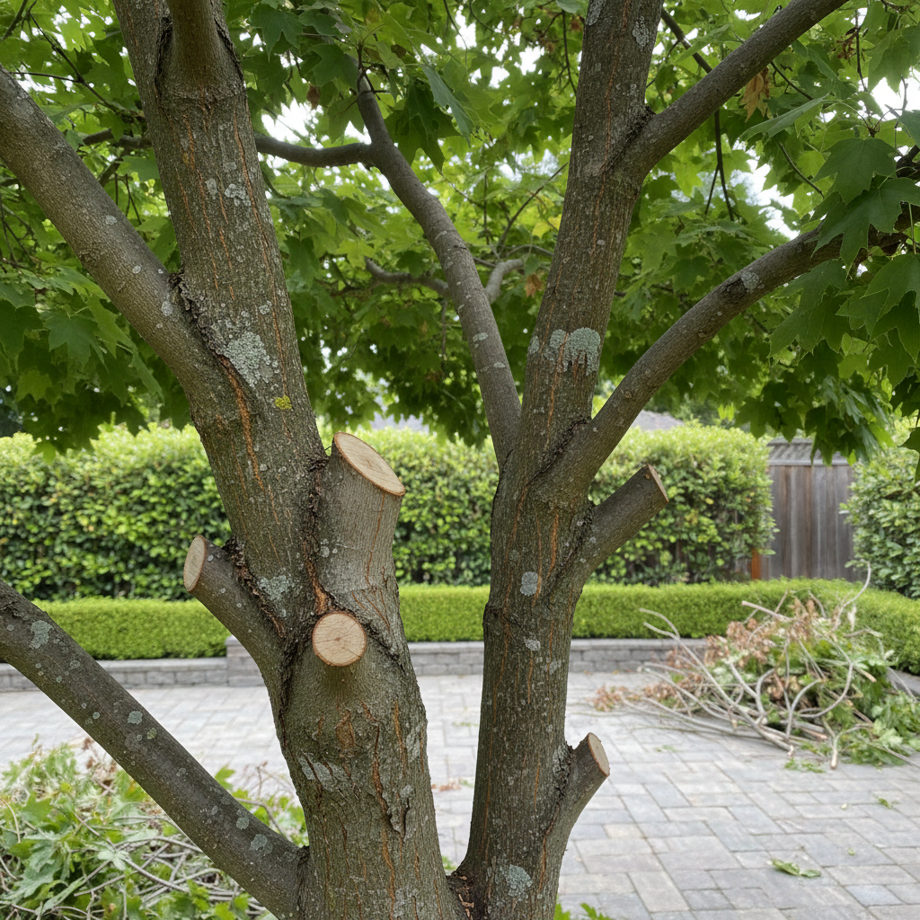 A close-up, photographic view of freshly pruned tree branches, showing smooth, carefully angled cuts on sturdy limbs of a leafy backyard maple. The bark texture is crisp and detailed, with subtle variations of gray and brown, while healthy green foliage fills the upper frame. In the background, softly blurred, sits a tidy Bay Area backyard with a clean patio, trimmed hedges, and a neatly stacked pile of removed branches ready for hauling. Overcast, diffused daylight creates even lighting with gentle shadows and no harsh contrast. Captured from a slightly upward angle, the composition highlights craftsmanship and precision. The atmosphere feels meticulous and professional, suggesting expert pruning that protects tree health and maintains a natural, traceless appearance.