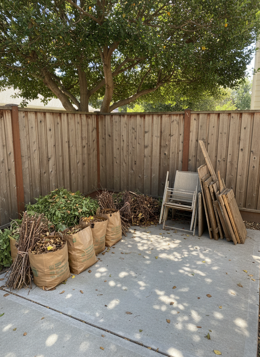 A meticulously organized, photographic scene of a small, tidy junk removal staging area in a Bay Area side yard shows a pile of green waste and old outdoor items arranged neatly on a clean concrete pad. Bundled branches, bagged leaves, and a few stacked, weathered wooden boards are grouped in clearly defined sections awaiting haul-away. The background includes a tall, well-maintained privacy fence and a single, well-pruned shade tree casting light, patterned shadows. Bright, clear daylight emphasizes the cleanliness and orderliness of the space, with crisp textures in wood, leaves, and concrete. Captured from an eye-level angle with moderate depth of field, the composition suggests efficient, conscientious junk and debris removal that leaves no trace of clutter behind.