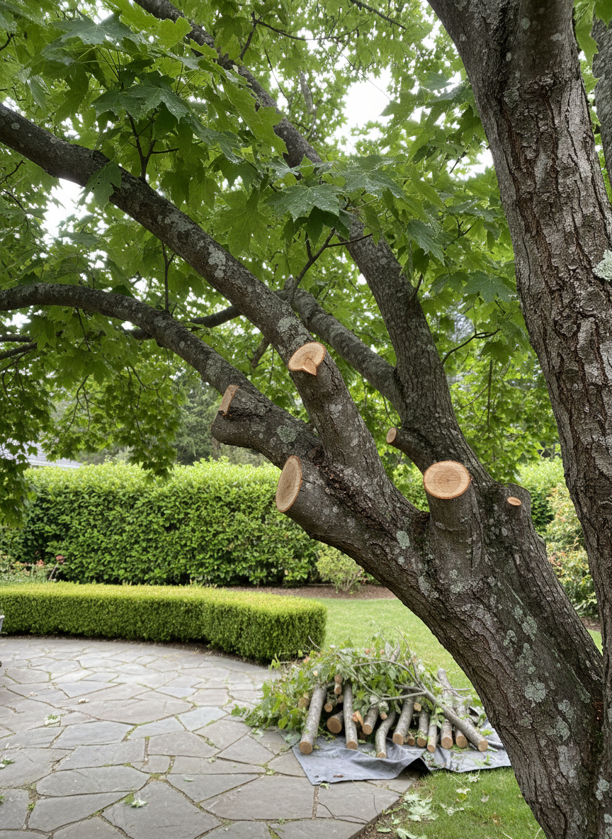 A close-up, photographic view of freshly pruned tree branches, showing smooth, carefully angled cuts on sturdy limbs of a leafy backyard maple. The bark texture is crisp and detailed, with subtle variations of gray and brown, while healthy green foliage fills the upper frame. In the background, softly blurred, sits a tidy Bay Area backyard with a clean patio, trimmed hedges, and a neatly stacked pile of removed branches ready for hauling. Overcast, diffused daylight creates even lighting with gentle shadows and no harsh contrast. Captured from a slightly upward angle, the composition highlights craftsmanship and precision. The atmosphere feels meticulous and professional, suggesting expert pruning that protects tree health and maintains a natural, traceless appearance.