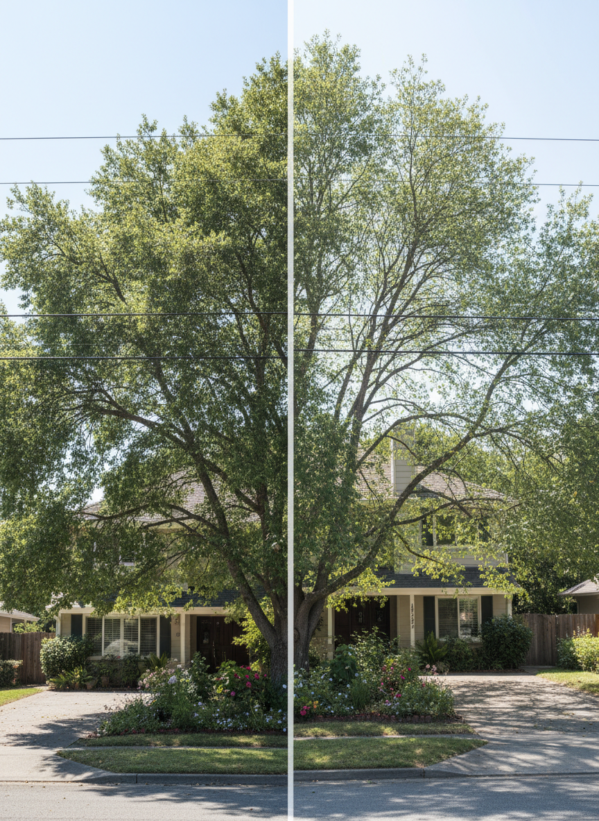 A large, overgrown tree in a Walnut Creek residential yard is shown in a before-and-after split composition. On the left, the canopy is dense and encroaching over a roofline and power lines; on the right, the same tree is skillfully thinned, elevated, and shaped, branches clear of structures with natural, flowing lines. The lawn, flowerbeds, and driveway appear undisturbed, free of debris in the after view. Photorealistic style with bright, clear midday light and sharp detail throughout. A straight-on, eye-level camera position emphasizes the contrast, with a subtle dividing line down the center. The mood communicates safety, order, and professional problem-solving, illustrating the impact of expert tree service while maintaining the tree’s natural beauty.