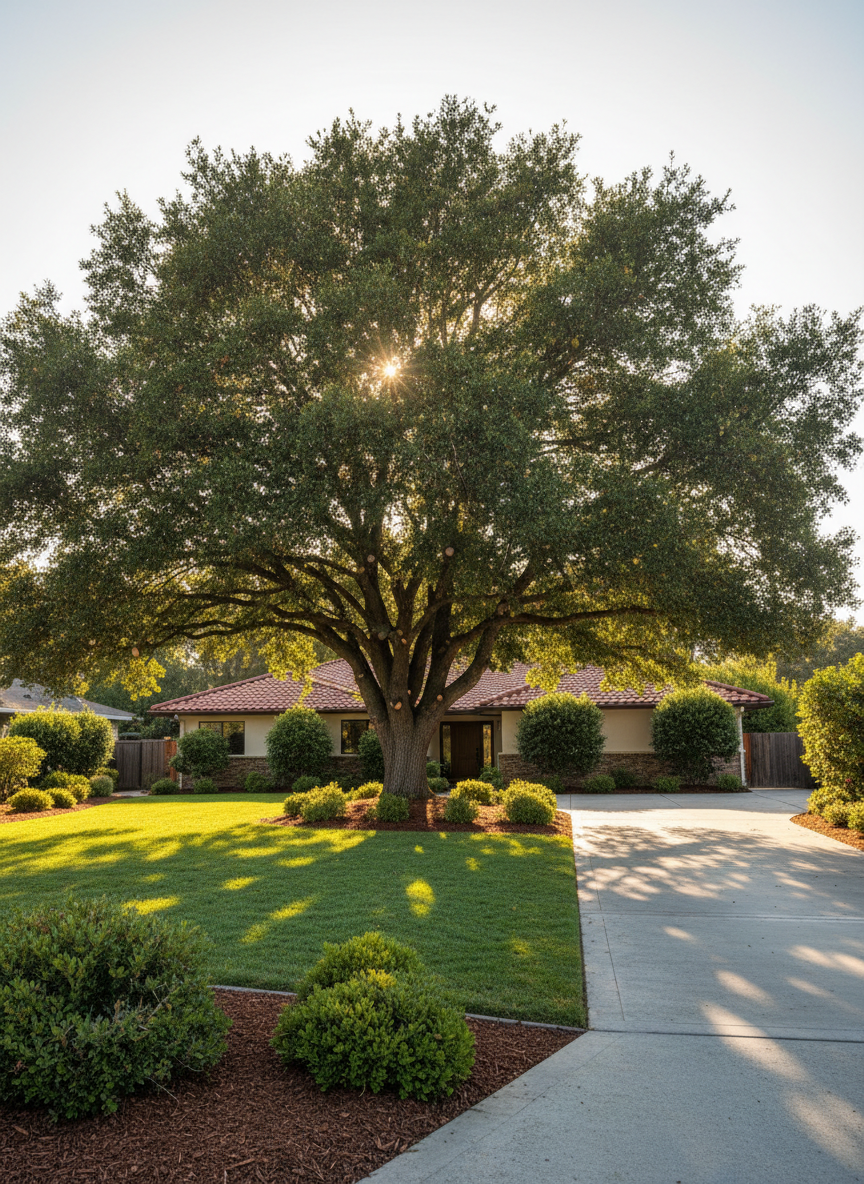 A healthy, mature oak tree with a full, balanced canopy stands in the center of a well-kept suburban front yard in Walnut Creek, its branches neatly pruned with clean, precise cuts. The lush green lawn extends to a smooth concrete driveway, with low shrubs and mulch beds framing the scene. Soft late-afternoon Bay Area sunlight filters through the leaves, casting dappled shadows across the grass and walkway. Photographic realism, shot at eye level with a wide lens, uses the rule of thirds to place the tree slightly off-center. The mood is professional, calm, and orderly, emphasizing expert, unobtrusive tree care that enhances curb appeal without leaving visible debris or disruption.