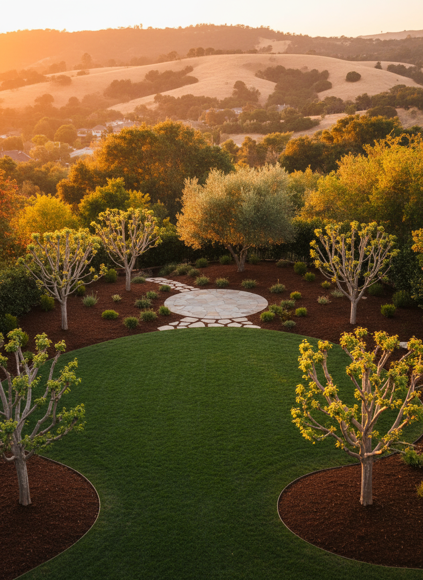 A wide, photographic shot of a Bay Area backyard after a comprehensive yard cleanup and tree trimming, featuring a neatly edged lawn, freshly mulched planting beds, and several well-shaped ornamental trees with evenly spaced branches. A clean stone pathway curves through the yard, leading toward a small patio with empty, tidy furniture-free space, implying readiness for use. Golden hour sunlight warms the scene, creating soft highlights on leaves and gentle, elongated shadows across the grass. The background includes distant rolling hills typical of Walnut Creek, softly blurred for depth. Captured from a slightly elevated angle for a complete overview, the image evokes a serene, organized, and professionally maintained outdoor space, showcasing full-service landscaping and cleanup results.