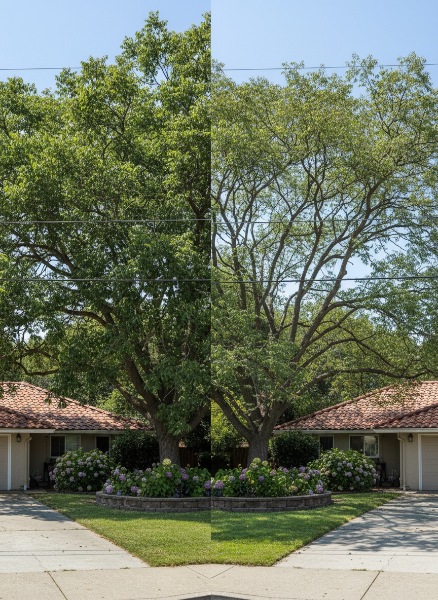 A large, overgrown tree in a Walnut Creek residential yard is shown in a before-and-after split composition. On the left, the canopy is dense and encroaching over a roofline and power lines; on the right, the same tree is skillfully thinned, elevated, and shaped, branches clear of structures with natural, flowing lines. The lawn, flowerbeds, and driveway appear undisturbed, free of debris in the after view. Photorealistic style with bright, clear midday light and sharp detail throughout. A straight-on, eye-level camera position emphasizes the contrast, with a subtle dividing line down the center. The mood communicates safety, order, and professional problem-solving, illustrating the impact of expert tree service while maintaining the tree’s natural beauty.