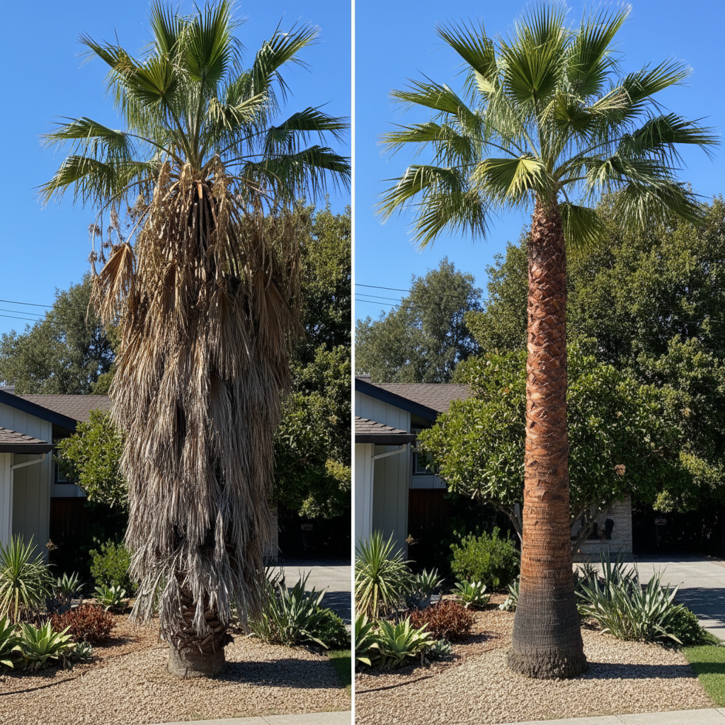 Side-by-side split photo of the SAME single tall Mexican fan palm (Washingtonia robusta), not a date palm or Canary Island palm, in a Bay Area residential front yard. Slender, smooth trunk, small crownshaft, fan-shaped fronds. Left half shows the tree unpruned with a full skirt of dead brown fronds hanging all the way down the trunk, messy and unkempt. Right half shows the exact same Mexican fan palm after professional pruning, with all dead fronds removed up to the crown, a clean full green fan-shaped crown with no dead material at the top, and the lower trunk fully and cleanly skinned in a darker brown bark color with neat cut marks. The split is seamless with NO white line or gap in the middle, both halves perfectly aligned and centered, and there is absolutely NO text, labels, or words anywhere in the image. Bright California daylight, realistic photography, composition similar distance and angle as the previous Services section image so it fits the layout.