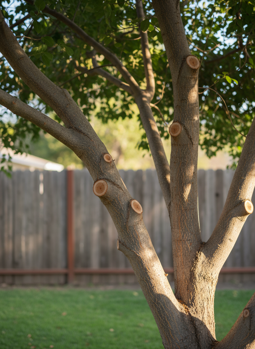 A close-up, photographic view of freshly pruned tree branches, showing smooth, carefully angled cuts at the branch collar on sturdy limbs of a leafy backyard maple. The bark texture is crisp and detailed, with subtle variations of gray and brown, while healthy green foliage fills the upper frame. In the background, softly blurred, sits a tidy Bay Area backyard with a clean patio, trimmed hedges, and a neatly stacked pile of removed branches ready for hauling. Overcast, diffused daylight creates even lighting with gentle shadows and no harsh contrast. Captured from a slightly upward angle, the composition highlights proper arborist technique and precision, emphasizing correct branch-collar cuts that protect tree health and maintain a natural, traceless appearance.