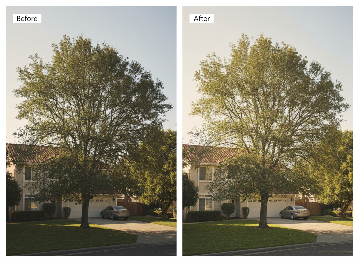 Side-by-side photorealistic BEFORE and AFTER of the SAME Bay Area residential shade tree after professional pruning. LEFT side labeled subtly as "Before" in a small corner tag, RIGHT side labeled "After". Before: crown is dense and slightly messy with low limbs hanging over a driveway and partially blocking a window. After: crown is raised and thinned with proper ISA-standard pruning (no topping, no stubs, no over-thinning), branches cleared away from the roofline and driveway, more light reaching the yard, and the overall tree shape looking natural and balanced. Same lighting and camera angle on both sides, soft California daylight, a clean driveway and simple house facade in the background. No workers, no tools, no extra text, just the two states clearly contrasted.