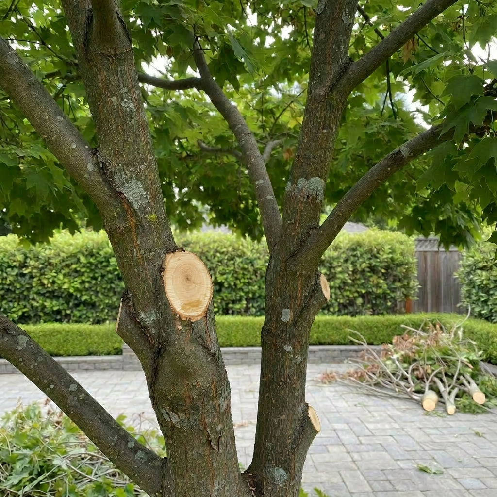A close-up, photographic view of freshly pruned tree branches, showing smooth, carefully angled cuts on sturdy limbs of a leafy backyard maple. The bark texture is crisp and detailed, with subtle variations of gray and brown, while healthy green foliage fills the upper frame. In the background, softly blurred, sits a tidy Bay Area backyard with a clean patio, trimmed hedges, and a neatly stacked pile of removed branches ready for hauling. Overcast, diffused daylight creates even lighting with gentle shadows and no harsh contrast. Captured from a slightly upward angle, the composition highlights craftsmanship and precision. The atmosphere feels meticulous and professional, suggesting expert pruning that protects tree health and maintains a natural, traceless appearance.